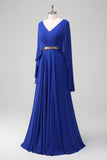 Royal Blue A-Line V Neck Ruched Long Mother of the Bride Dress with Beading