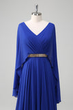 Royal Blue A-Line V Neck Ruched Long Mother of the Bride Dress with Beading