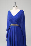 Royal Blue A-Line V Neck Ruched Long Mother of the Bride Dress with Beading