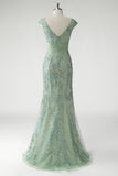 Sparkly Green V Neck Pleated Sequin Mother of the Bride Dress with Appliques