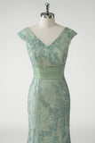 Sparkly Green V Neck Pleated Sequin Mother of the Bride Dress with Appliques