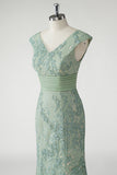 Sparkly Green V Neck Pleated Sequin Mother of the Bride Dress with Appliques