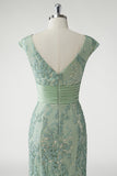 Sparkly Green V Neck Pleated Sequin Mother of the Bride Dress with Appliques