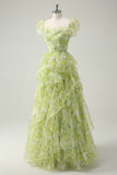 Dusty Sage Floral A-Line Square Neck Long Prom Dress with Spiral Ruffles