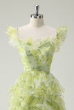 Dusty Sage Floral A-Line Square Neck Long Prom Dress with Spiral Ruffles