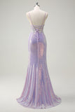 Sparkly Lilac Mermaid Spaghetti Straps Corset Long Prom Dress with Slit