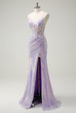 Sparkly Lilac Mermaid Spaghetti Straps Corset Long Prom Dress with Slit