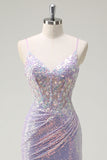 Sparkly Lilac Mermaid Spaghetti Straps Corset Long Prom Dress with Slit