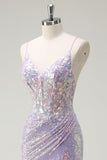 Sparkly Lilac Mermaid Spaghetti Straps Corset Long Prom Dress with Slit