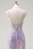 Sparkly Lilac Mermaid Spaghetti Straps Corset Long Prom Dress with Slit