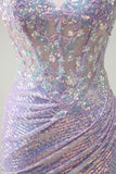 Sparkly Lilac Mermaid Spaghetti Straps Corset Long Prom Dress with Slit