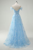 Sparkly Sky Blue A Line Off The Shoulder Corset Long Prom Dress with Slit