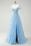 Sparkly Sky Blue A Line Off The Shoulder Corset Long Prom Dress with Slit