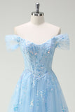 Sparkly Sky Blue A Line Off The Shoulder Corset Long Prom Dress with Slit