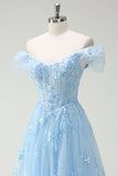 Sparkly Sky Blue A Line Off The Shoulder Corset Long Prom Dress with Slit