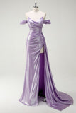 Sparkly Lilac Off The Shoulder Ruched Side Cape Metallic Long Prom Dress with Slit