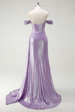 Sparkly Lilac Off The Shoulder Ruched Side Cape Metallic Long Prom Dress with Slit