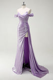 Sparkly Lilac Off The Shoulder Ruched Side Cape Metallic Long Prom Dress with Slit