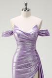 Sparkly Lilac Off The Shoulder Ruched Side Cape Metallic Long Prom Dress with Slit