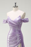 Sparkly Lilac Off The Shoulder Ruched Side Cape Metallic Long Prom Dress with Slit