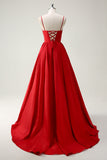 Ball-Gown Spaghetti Straps Lace Up Back Red Long Prom Dress with Slit