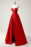 Ball-Gown Spaghetti Straps Lace Up Back Red Long Prom Dress with Slit