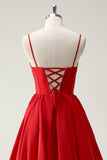 Ball-Gown Spaghetti Straps Lace Up Back Red Long Prom Dress with Slit