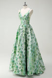 Sparkly Princess Green Floral Spaghetti Straps Long Prom Dress with Slit