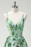 Sparkly Princess Green Floral Spaghetti Straps Long Prom Dress with Slit