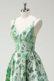 Sparkly Princess Green Floral Spaghetti Straps Long Prom Dress with Slit