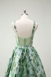 Sparkly Princess Green Floral Spaghetti Straps Long Prom Dress with Slit