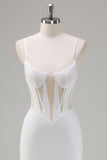 White Spaghetti Straps Corset Long Mermaid Prom Dress with Lace Up Back