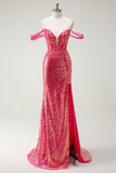 Fuchsia Mermaid Off The Shoulder Sparkly Sequin Long Prom Dress with Slit