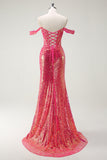 Fuchsia Mermaid Off The Shoulder Sparkly Sequin Long Prom Dress with Slit