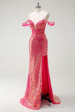 Fuchsia Mermaid Off The Shoulder Sparkly Sequin Long Prom Dress with Slit