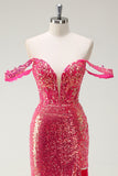 Fuchsia Mermaid Off The Shoulder Sparkly Sequin Long Prom Dress with Slit