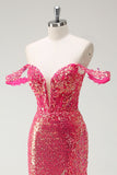 Fuchsia Mermaid Off The Shoulder Sparkly Sequin Long Prom Dress with Slit