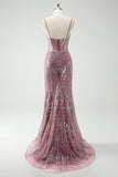 Grey Purple Mermaid Spaghetti Straps Corset Long Prom Dress With Sequins