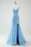 Sky Blue Mermaid Spaghetti Straps Sequin Appliqued Long Prom Dress with Slit