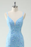 Sky Blue Mermaid Spaghetti Straps Sequin Appliqued Long Prom Dress with Slit