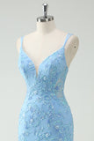 Sky Blue Mermaid Spaghetti Straps Sequin Appliqued Long Prom Dress with Slit