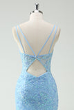 Sky Blue Mermaid Spaghetti Straps Sequin Appliqued Long Prom Dress with Slit