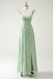 Elegant Mint Green A Line Ruffled Straps Corset Long Bridesmaid Dress with Slit