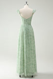 Elegant Mint Green A Line Ruffled Straps Corset Long Bridesmaid Dress with Slit