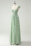 Elegant Mint Green A Line Ruffled Straps Corset Long Bridesmaid Dress with Slit