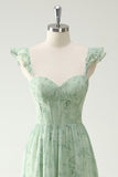 Elegant Mint Green A Line Ruffled Straps Corset Long Bridesmaid Dress with Slit