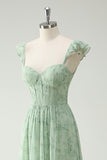 Elegant Mint Green A Line Ruffled Straps Corset Long Bridesmaid Dress with Slit