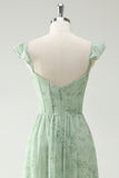 Elegant Mint Green A Line Ruffled Straps Corset Long Bridesmaid Dress with Slit