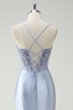 Light Blue Mermaid Spaghetti Straps Ruched Beaded Long Prom Dress with Slit