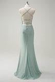 Mermaid Spaghetti Straps Ruched Long Prom Dress with Lace Up Back